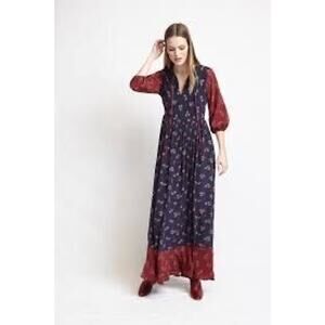 NWT $695 WARM 0 Silk Floral Brown Maxi Cotton Dress with Puffed Sleeves